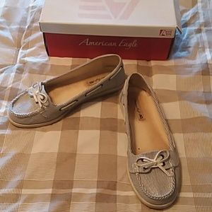 Blue and sparkly silver pinstripe boat shoes